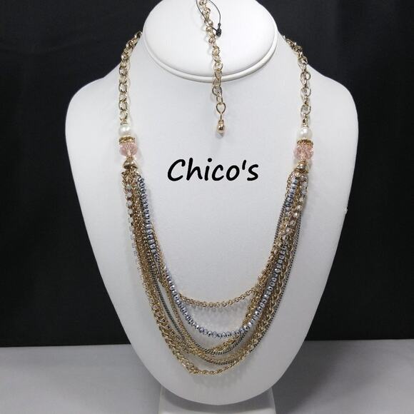 Chico's Pink Crystal Faux Pearl Multi-Strand Chain Necklace, 27 Inches - Picture 1 of 12